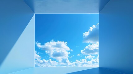 Canvas Print - A serene view of a blue sky with fluffy clouds framed by a minimalist interior space.