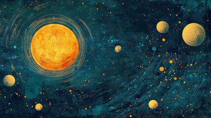 Wall Mural - Abstract cosmic illustration featuring a bright sun surrounded by various planets and celestial bodies, with a deep blue starry background in an artistic style