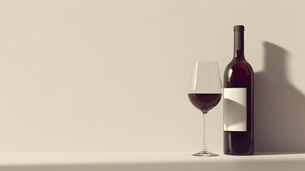 Wall Mural - A bottle of red wine beside a glass filled with wine, set against a minimalist background.