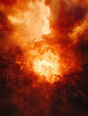 Leinwandbilder - An industrial furnace is actively emitting fire and molten steel in a manufacturing environment, casting an intense glow. Generative AI