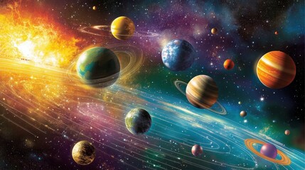 Wall Mural - Stunning Cosmic Landscape Featuring Vibrant Celestial Bodies, Exploding Stars, and Colorful Planets Against a Deep Space Background Ideal for Science and Education Use