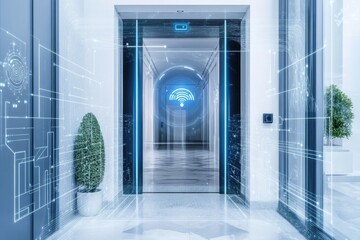 Poster - The entrance showcases state-of-the-art security with smart cameras and a fingerprint scanner for enhanced safety and convenience. Generative AI