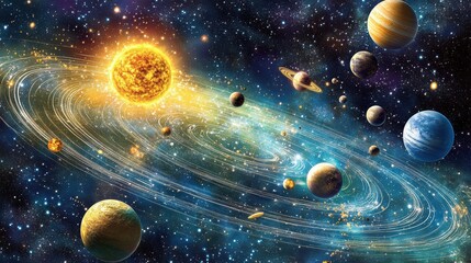 Wall Mural - Vibrant Cosmic Scene Depicting a Celestial Solar System with Planets, Stars, and a Brilliant Sun Against a Deep Space Background Filled with Colorful Galaxies and Nebulas