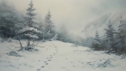 Canvas Print - A serene winter landscape featuring snow-covered trees and a winding path, evoking tranquility and nature's beauty.