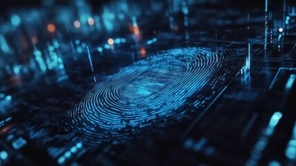 Wall Mural - a glowing blue digital fingerprint on a dark circuit board background, representing digital security