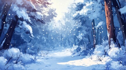 Poster - A snowy forest path leads into the distance, sunlight filtering through the trees.