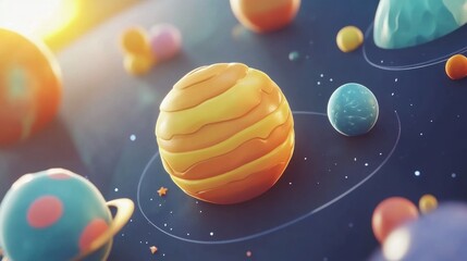 Wall Mural - colorful and playful illustration of a vibrant solar system with cartoonish planets, stars, and cosm