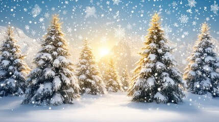 Poster - Snowy forest landscape with sun shining through the trees and falling snow.