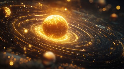 Wall Mural - stunning cosmic scene showcasing a radiant star surrounded by swirling golden rings and distant plan