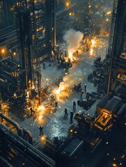 Leinwandbilder - In a large industrial workshop, workers focus on welding, creating bright sparks from machines while surrounded by heavy equipment. Generative AI