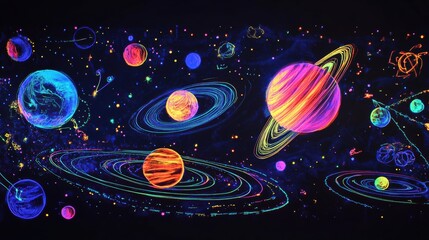 Wall Mural - vibrant cosmic galaxy with colorful planets and stars in dark space, ideal for science, education, a