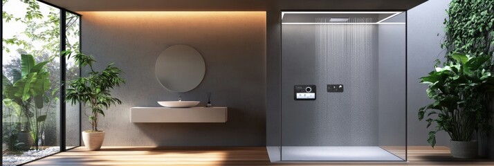 Aufkleber - This stylish bathroom showcases a smart shower system with touch controls and a serene atmosphere created by natural light. Generative AI