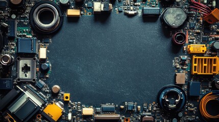 Canvas Print - Detailed Top View of a Circuit Board with Various Electronic Components Surrounding a Blank Center Space for Custom Graphic Design or Text Input