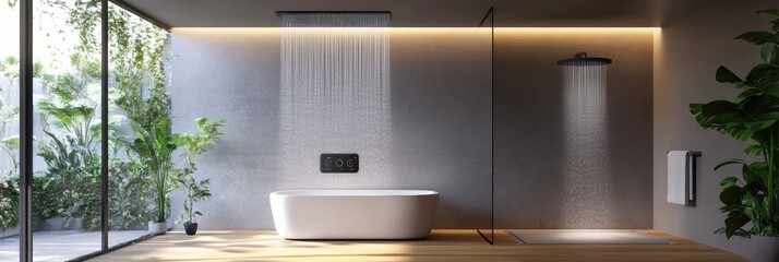 Poster - This sleek bathroom showcases a smart shower system with a touch panel, offering precise temperature adjustments and a stylish design. Generative AI