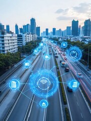 Poster - Modern urban environment features smart technology and AI connections, improving city infrastructure and transportation flow in the evening. Generative AI
