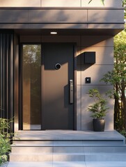Poster - This stylish home entrance showcases advanced security features including a fingerprint scanner, cameras, and motion sensors to ensure safety. Generative AI