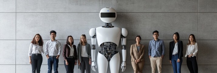 Aufkleber - A diverse group of individuals stands proudly in front of an abstract AI system, showcasing innovation in technology and collaboration. Generative AI