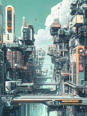 Poster - This smart city showcases interconnected buildings that utilize AI networks, creating a vibrant urban environment for residents. Generative AI
