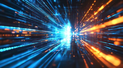 Wall Mural - abstract digital data streams in blue and orange, converging at a vanishing point, creating a sense 