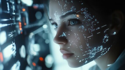 Wall Mural - a woman's face is superimposed with a digital interface, futuristic, technology, sci-fi.