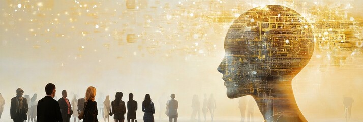 Poster - A gathering of individuals explores an abstract AI representation, showcasing interaction and interest in technology and innovation. Generative AI