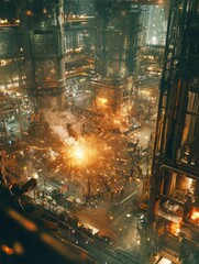 Leinwandbilder - In a large industrial workshop at night, workers are busy welding while bright sparks fly, illuminating the bustling environment. Generative AI