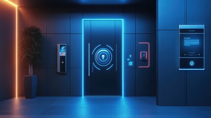 Poster - This home entrance features cutting-edge smart security devices, ensuring safety with cameras, motion sensors, and a fingerprint scanner. Generative AI