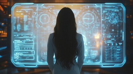 Leinwandbilder - A woman stands in front of an interactive mirror that analyzes her hair health and offers AI-driven care suggestions in a sleek salon. Generative AI