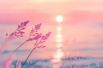 Little grass stem close-up with sunset over calm sea, sun going down over horizon. Pink and purple pastel watercolor soft tones. Beautiful nature background. Vertical portion