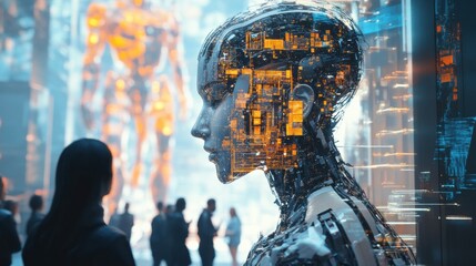 Aufkleber - Various individuals gather around an advanced abstract AI system, exploring its features and discussing its implications for the future. Generative AI