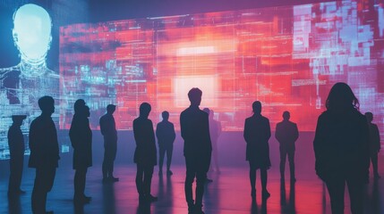 Aufkleber - A diverse group of people stands in silhouette while exploring an abstract AI system, illuminated by colorful digital projections. Generative AI