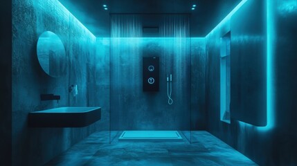Aufkleber - The sleek bathroom showcases a smart shower setup with a touch panel for adjusting temperature and an innovative design with ambient light. Generative AI