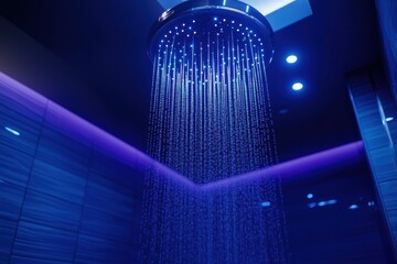 Aufkleber - The sleek bathroom showcases an advanced smart shower system, illuminated by vibrant lights and equipped with a touch temperature control panel. Generative AI