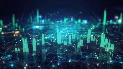 Wall Mural - abstract glowing green city skyline with lines and dots, representing data and network.