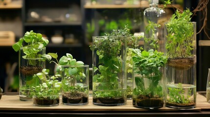 Wall Mural - a serene display of various green plants and herbs in glass cylinders filled with water, showcasing 