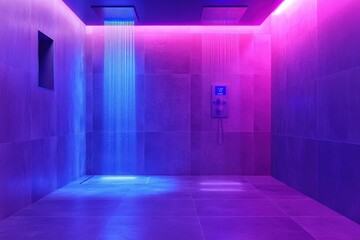 Aufkleber - This bathroom boasts a smart shower system with touch panel temperature control, illuminated by vibrant ambient lighting. Generative AI
