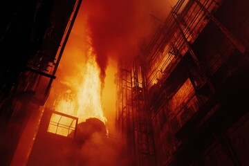 Leinwandbilder - Fire erupts from an industrial furnace, illuminating the factory with molten steel and creating an intense and captivating glow. Generative AI