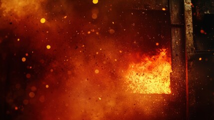 Leinwandbilder - A powerful industrial furnace erupts with fire and molten steel, illuminating the surroundings in a steel mill at night. Generative AI