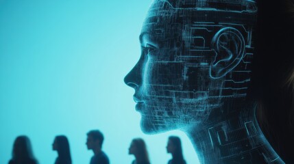 Aufkleber - A group of people observes an abstract representation of artificial intelligence, highlighting the fusion of technology and humanity. Generative AI