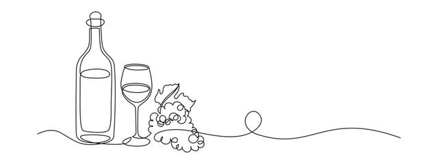 Wall Mural - Glass and bottle of wine in one continuous line drawing. Minimalist holiday concept of celebrate toast and cheering drink in simple linear style. Editable stroke. Doodle oneline Vector illustration