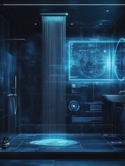 Aufkleber - This modern bathroom showcases an advanced shower system with a touch panel, providing tailored temperature settings for a luxury experience. Generative AI
