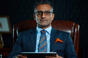 Wall Mural - Confident Indian Businessman with Tablet at Office Desk