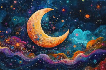 celestial doodles, a playful moon drawing with a half-moon riding a comet amid a galaxy of vibrant c