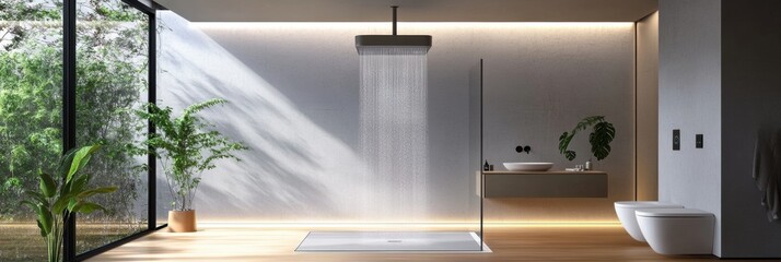 Aufkleber - This sleek bathroom showcases a cutting-edge shower system with a touch panel for controlling water temperature in style. Generative AI