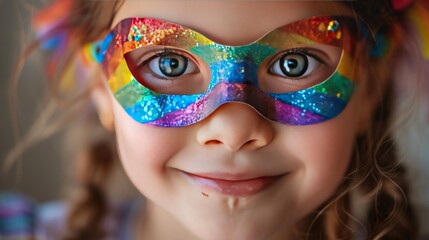 Close-up of a young girl wearing a rainbow mask, showing the creativity and fun behind fashionable masks for kids that appeal to children's fashion tastes.