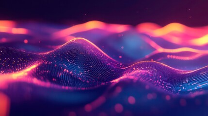 Wall Mural - abstract digital wave with glowing particles in vibrant pink, blue and orange colors against dark ba
