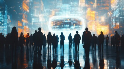 Aufkleber - A crowd of individuals stands captivated by an abstract AI system glowing in vibrant colors, showcasing innovative technology. Generative AI