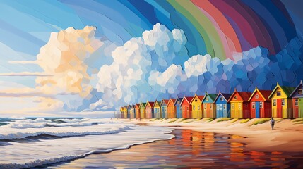 Wall Mural - ocean waves on a tropical beach with colorful beach huts and umbrellas