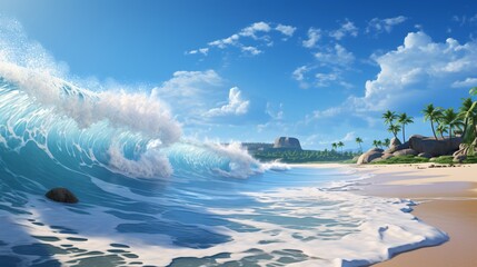 Wall Mural - waves rolling onto a tropical beach with a clear blue sky and distant islands