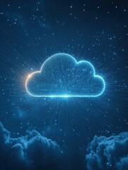 Aufkleber - A bright cloud icon shines in a dark night sky filled with stars, casting radiant beams that enhance the ethereal atmosphere. Generative AI